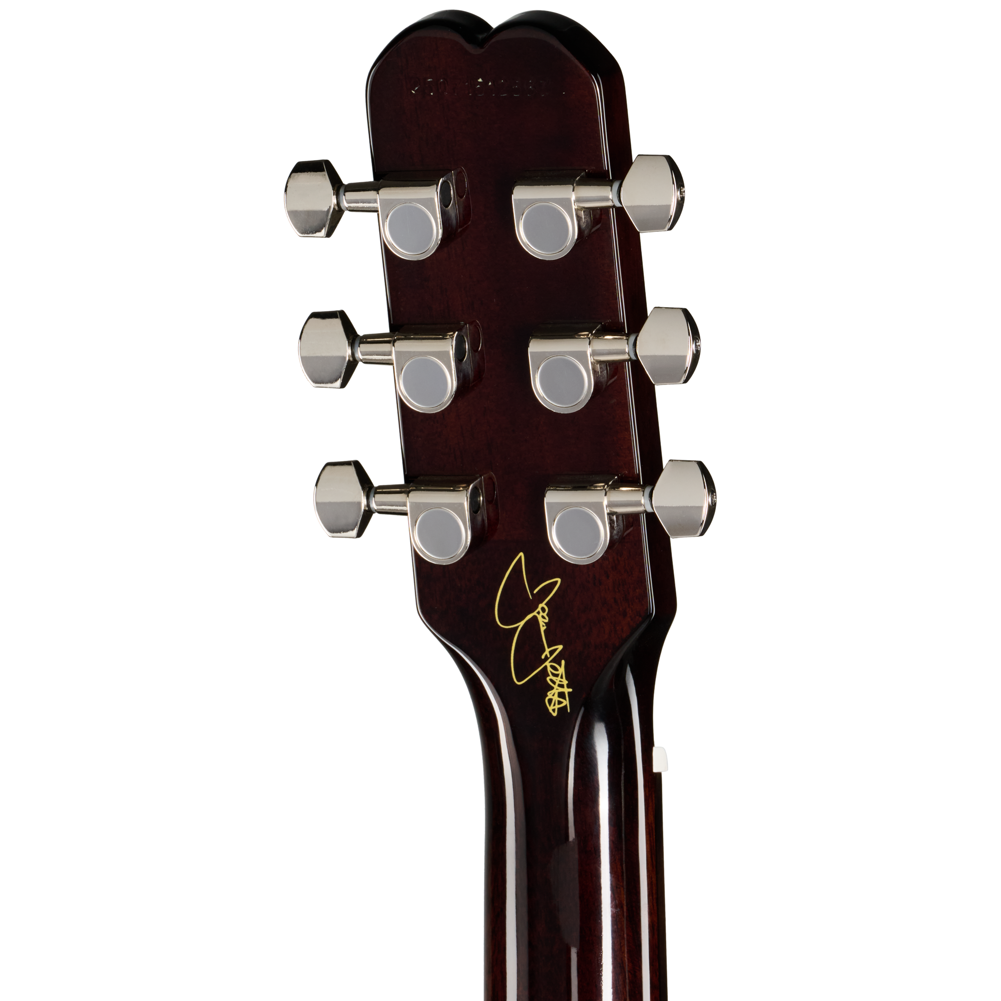 Gitarrenkopf, dunkelbraunes Holz, Hochglanzlack, sechs Stimmmechaniken, Chrombeschläge